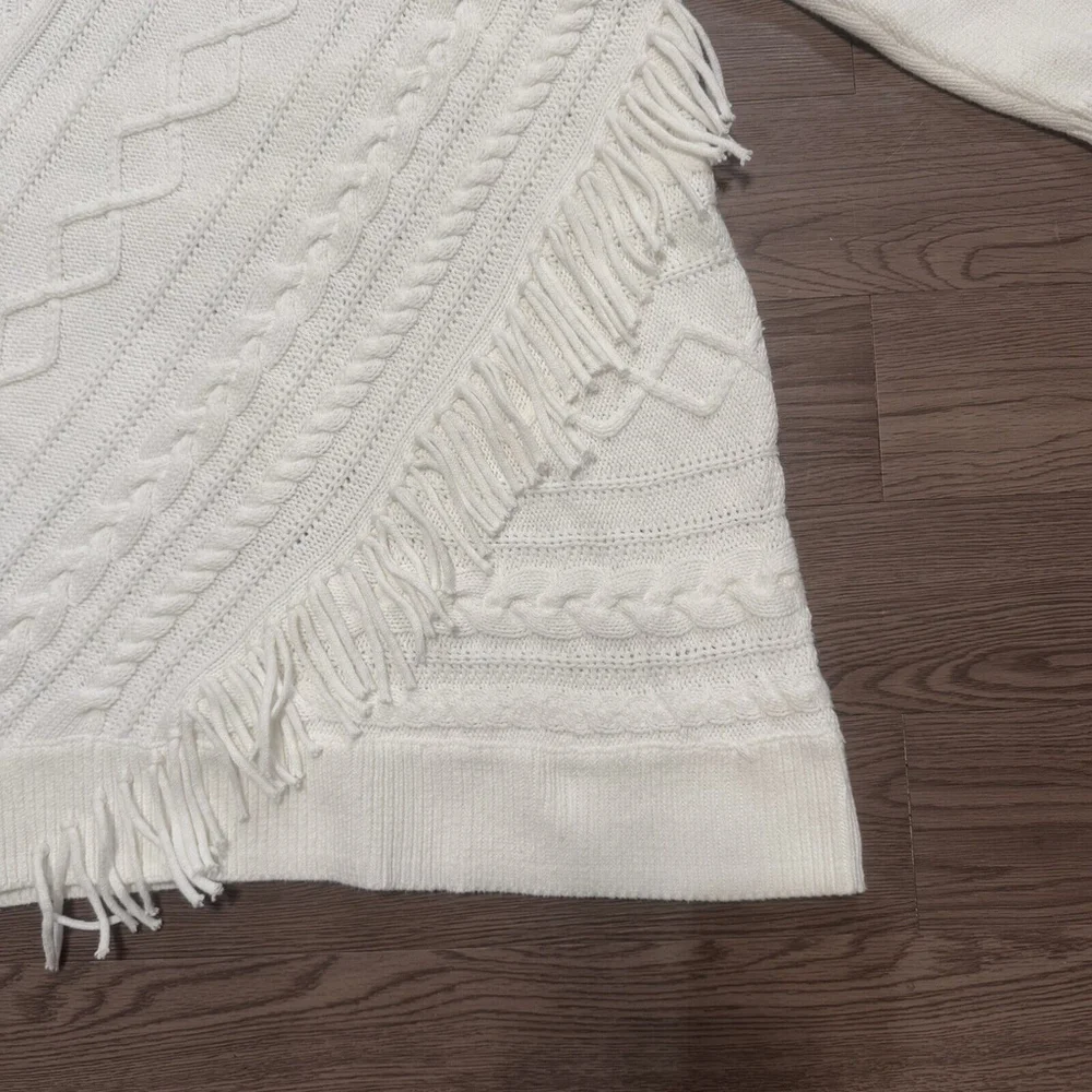 Chico’s Cream Boho Fringe Turtleneck Cable-Knit Tunic Sweater Women Size:2/L